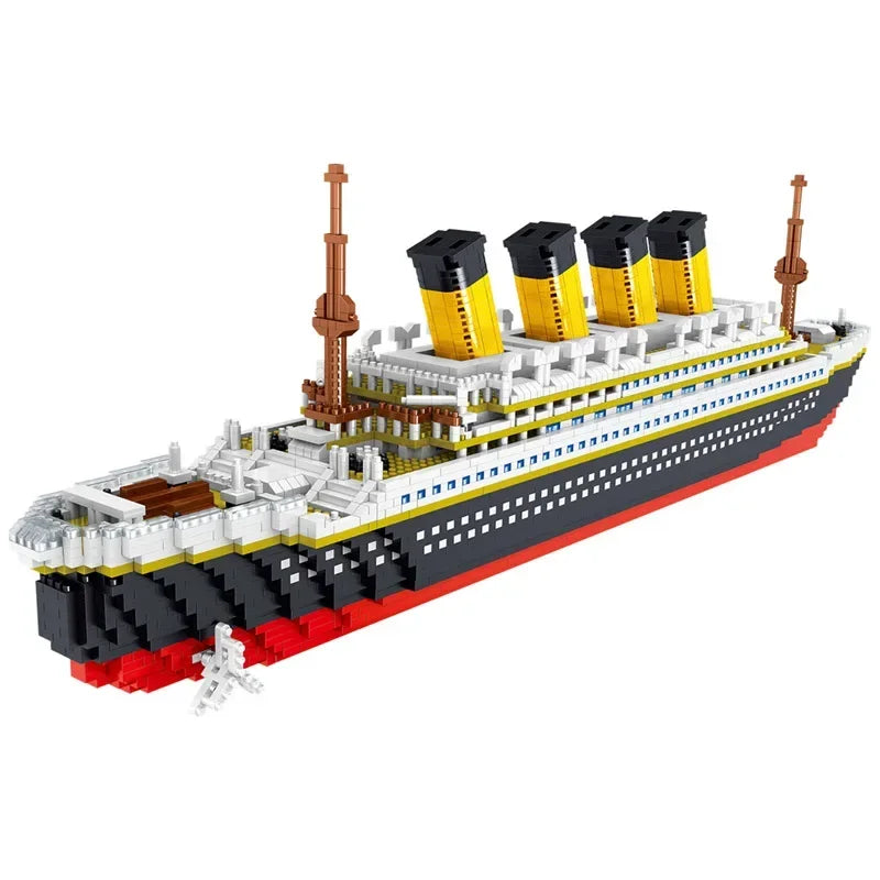 A detailed LEGO model kit of a Titanic ship featuring multiple funnels and deck structures.