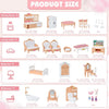 A set of dollhouse furniture including a dining table, chairs, bed, cabinet, and bathroom fixtures for pretend play.