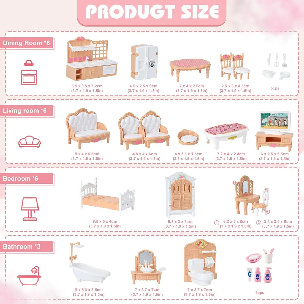 A set of dollhouse furniture including a dining table, chairs, bed, cabinet, and bathroom fixtures for pretend play.