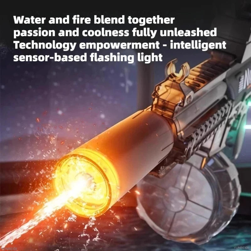 A close-up of an electric water blaster gun firing a bright yellow stream of water and light.
