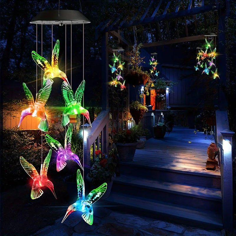 Solar-Powered Hummingbird Wind Chimes with Color-Changing LED