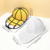 A yellow mesh bag hat cleaning cage with a black frame is shown next to a white baseball cap.