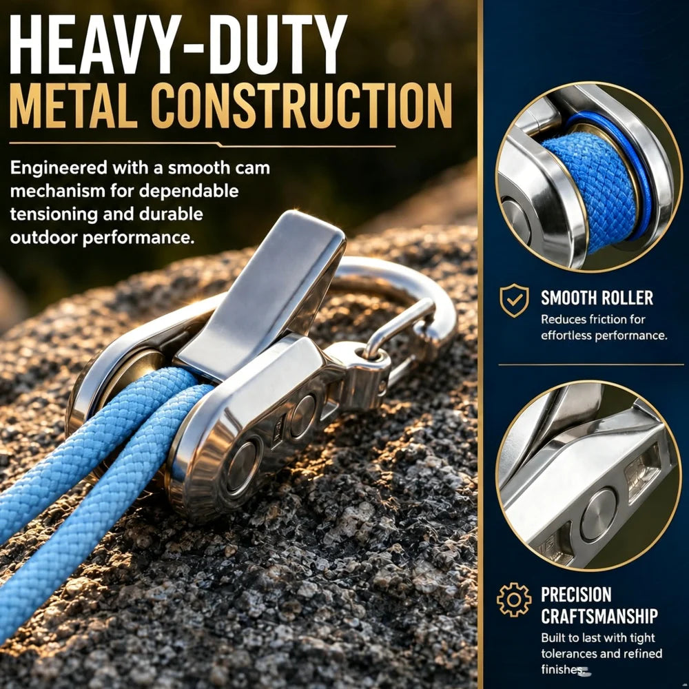 A close-up of a heavy-duty metal construction retractable rope tensioner with a smooth cam mechanism and stainless steel hard