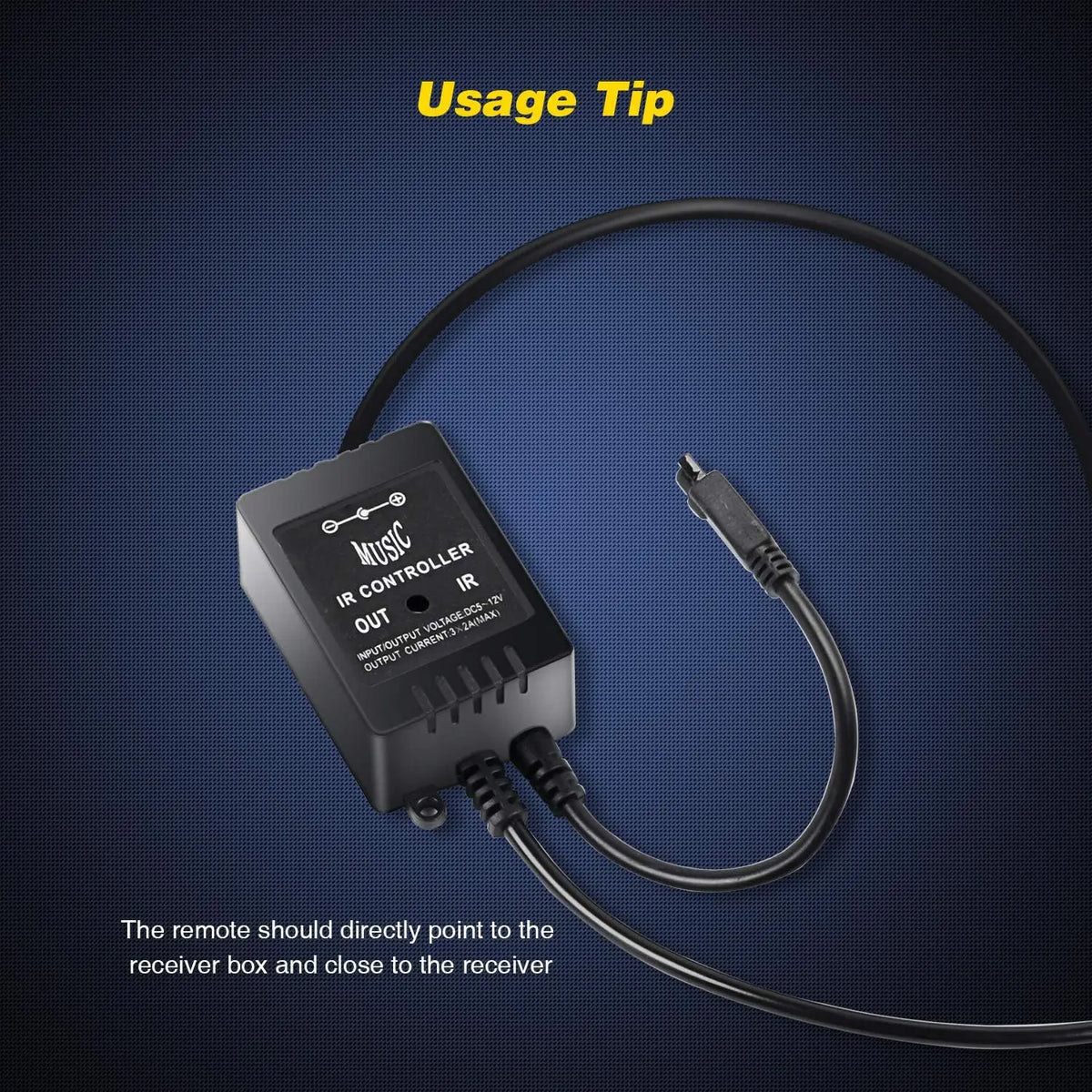 An infrared remote control and cable for a music car interior light kit.