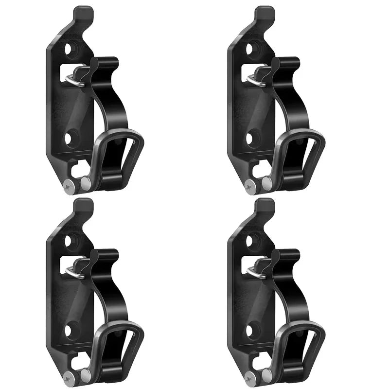 A pair of heavy-duty black wall mount tool holders designed for securing shovels, axes, and other tools.