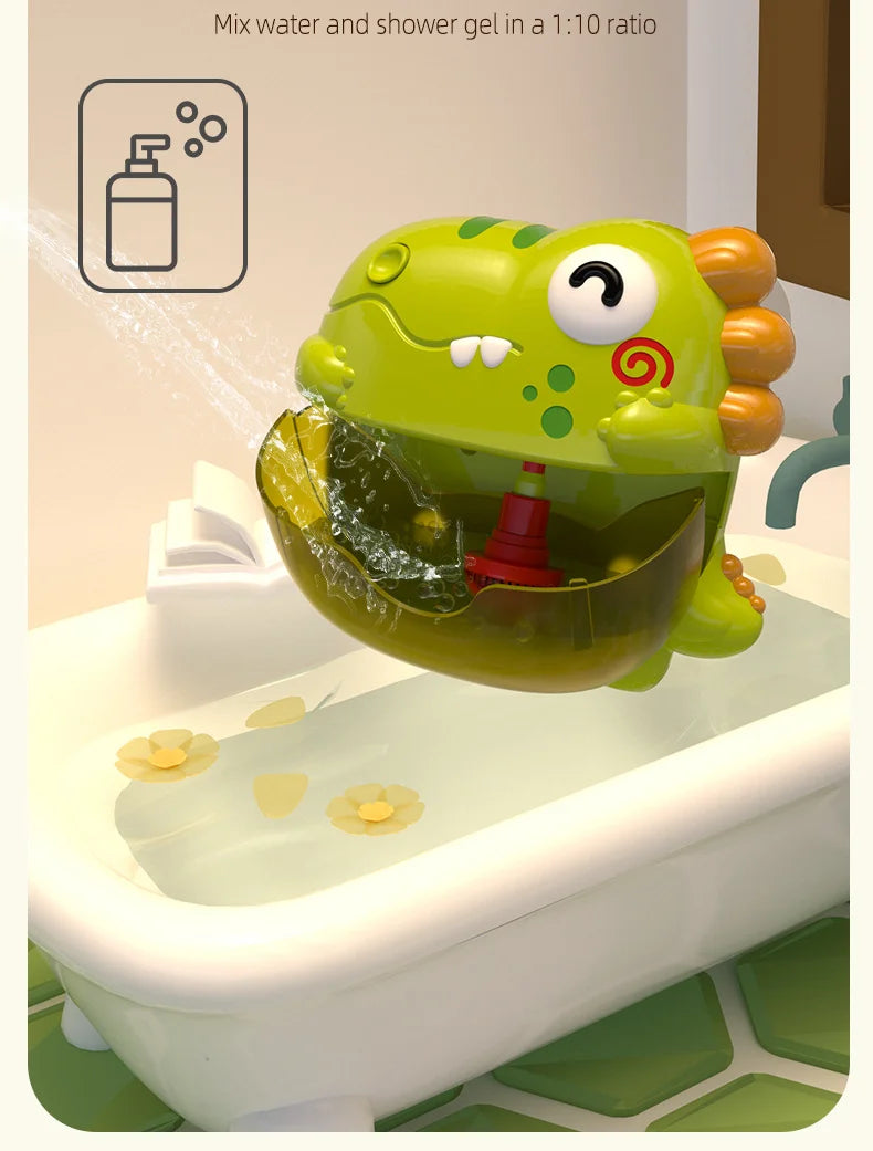 A green dinosaur bubble machine is shown dispensing water and shower gel into a bathtub.