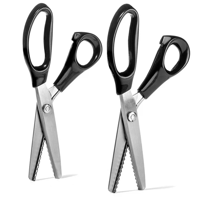 A pair of black professional pinking shears with silver blades shown against a white background.