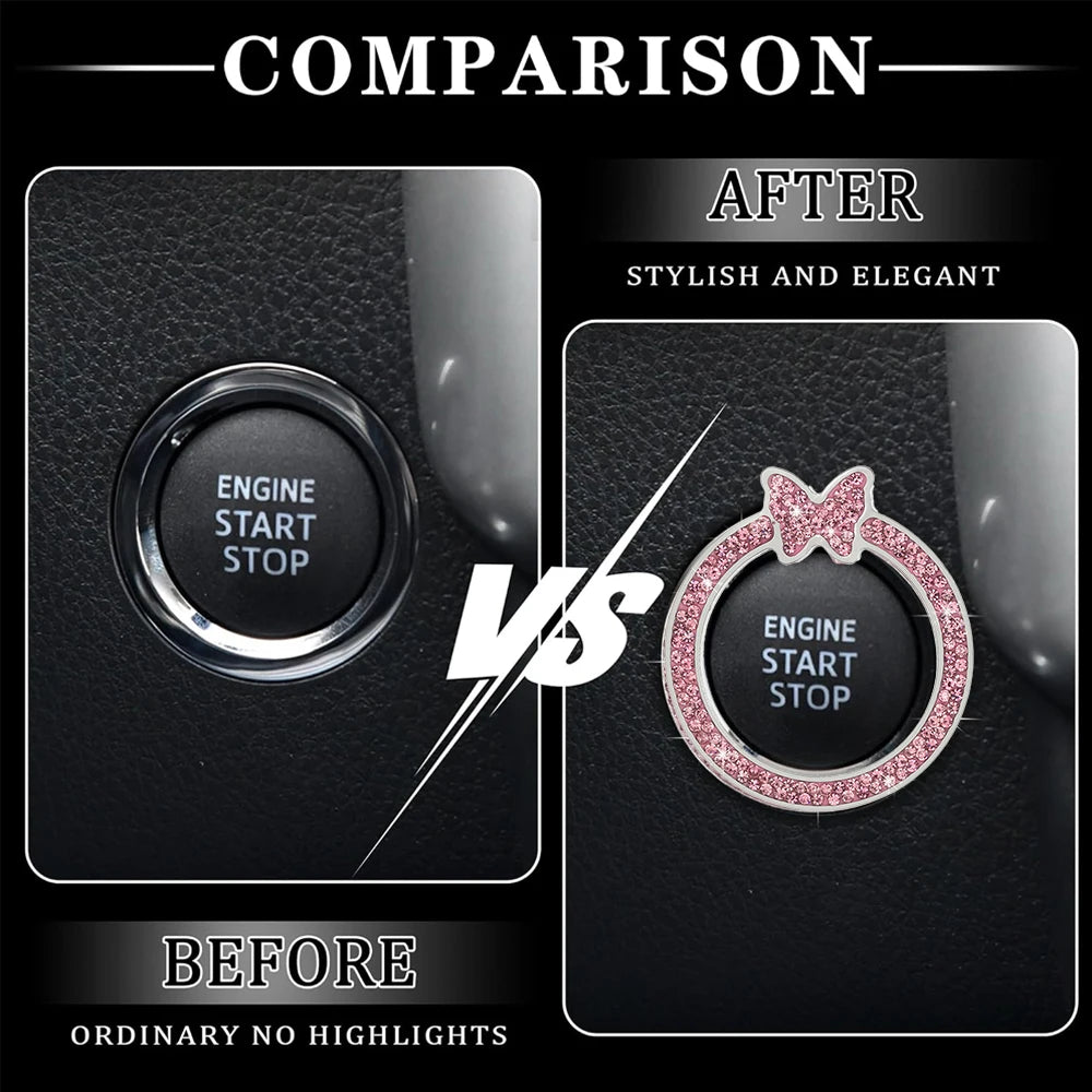 Comparison of an ordinary black ignition button ring before and after being embellished with pink crystal rhinestones.