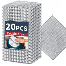 A stack of 20 pieces of double-layer mesh cleaning cloths in silver and white.