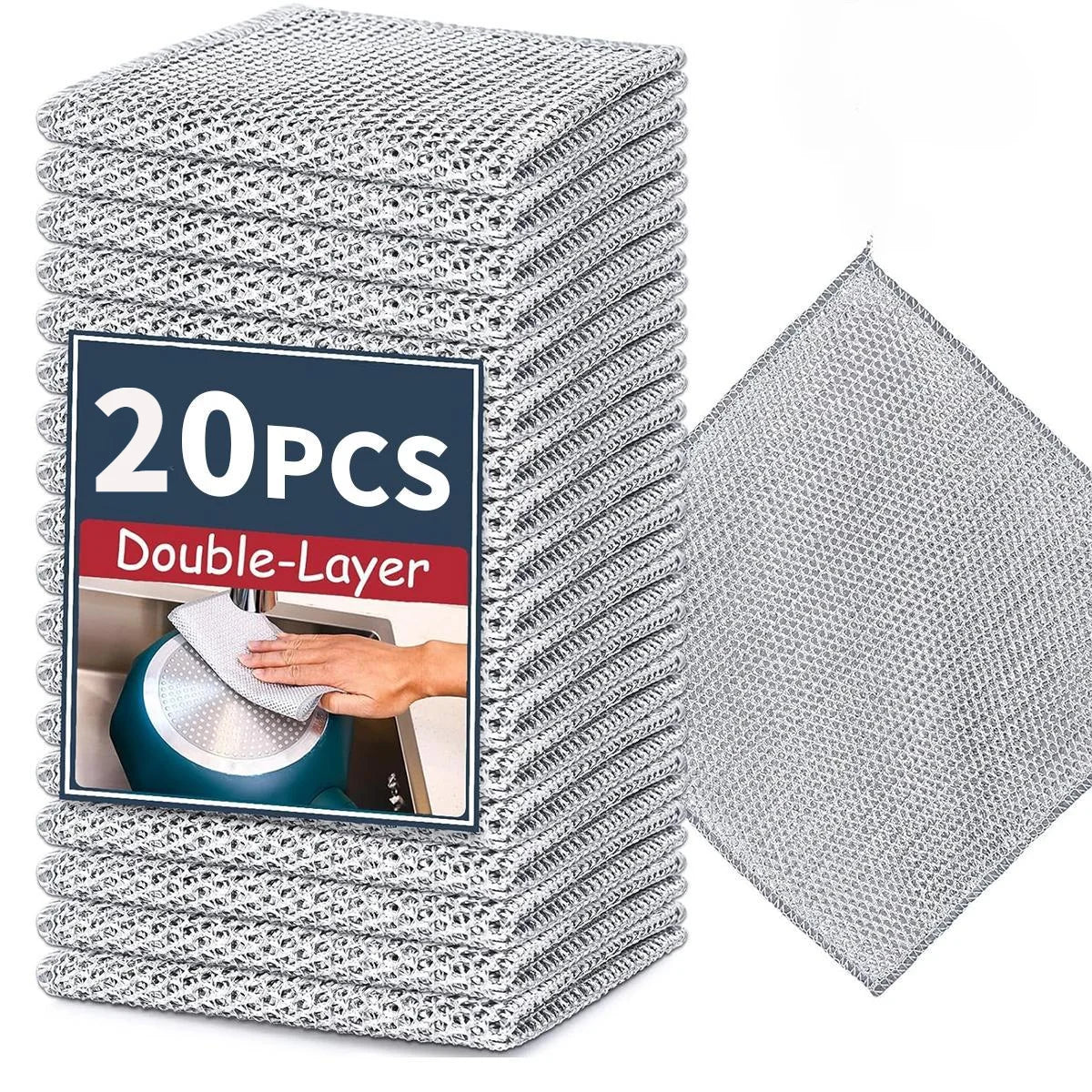 A stack of 20 pieces of double-layer mesh cleaning cloths in silver and white.