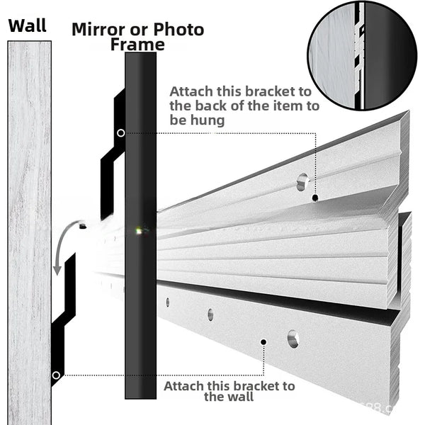 Diagram showing how to attach a mirror or photo frame bracket to a wall using hanging strips.