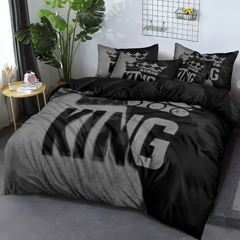 Grey and Black King Size Duvet Cover Set with Pillowcases