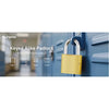 A yellow keyed padlock is shown on a blue metal security door, demonstrating heavy-duty metal security.