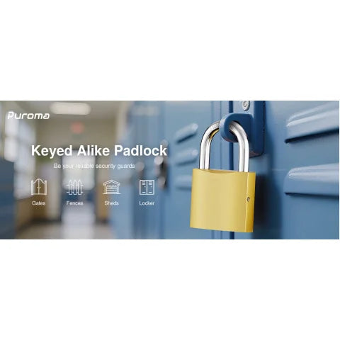 A yellow keyed padlock is shown on a blue metal security door, demonstrating heavy-duty metal security.