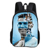 A black backpack featuring a collage of soccer star portraits on a light blue background.