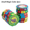 Three small magic cubes showing numbers and arithmetic operations for learning