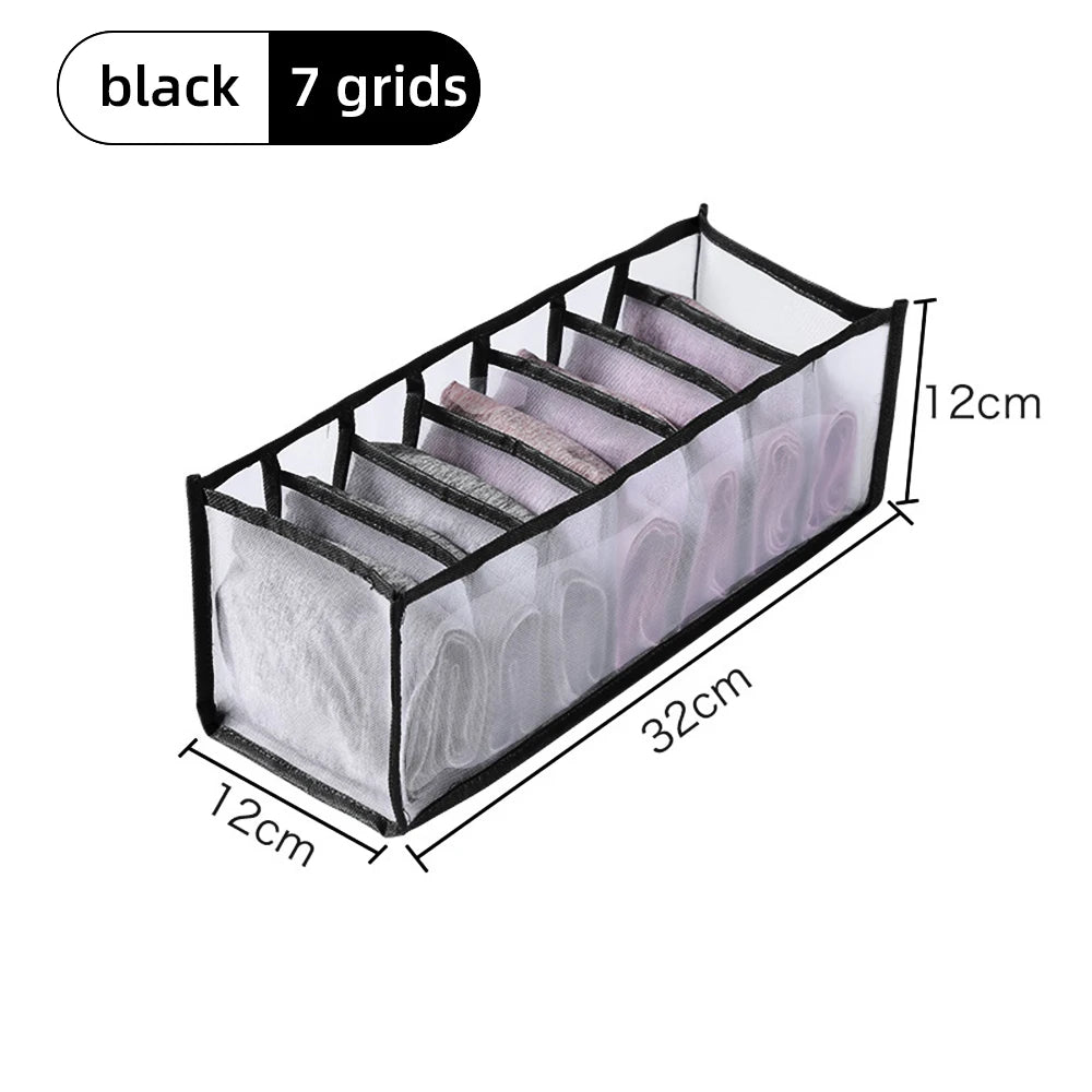 Black fabric closet organizer with 7 grids for storing folded items