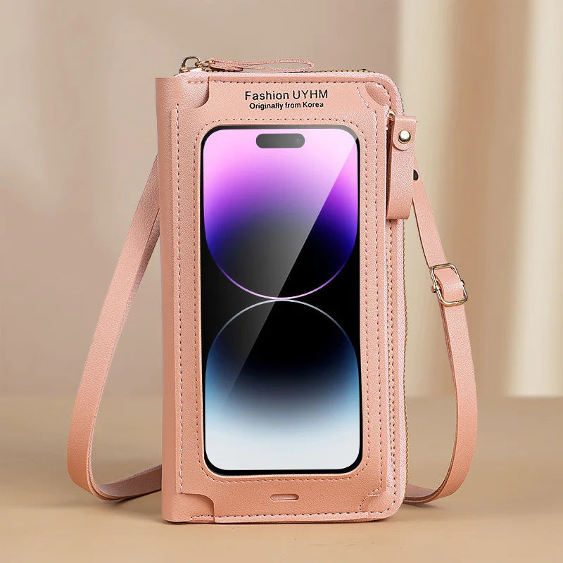 A light pink fashion phone pouch with a strap, featuring a smartphone display.