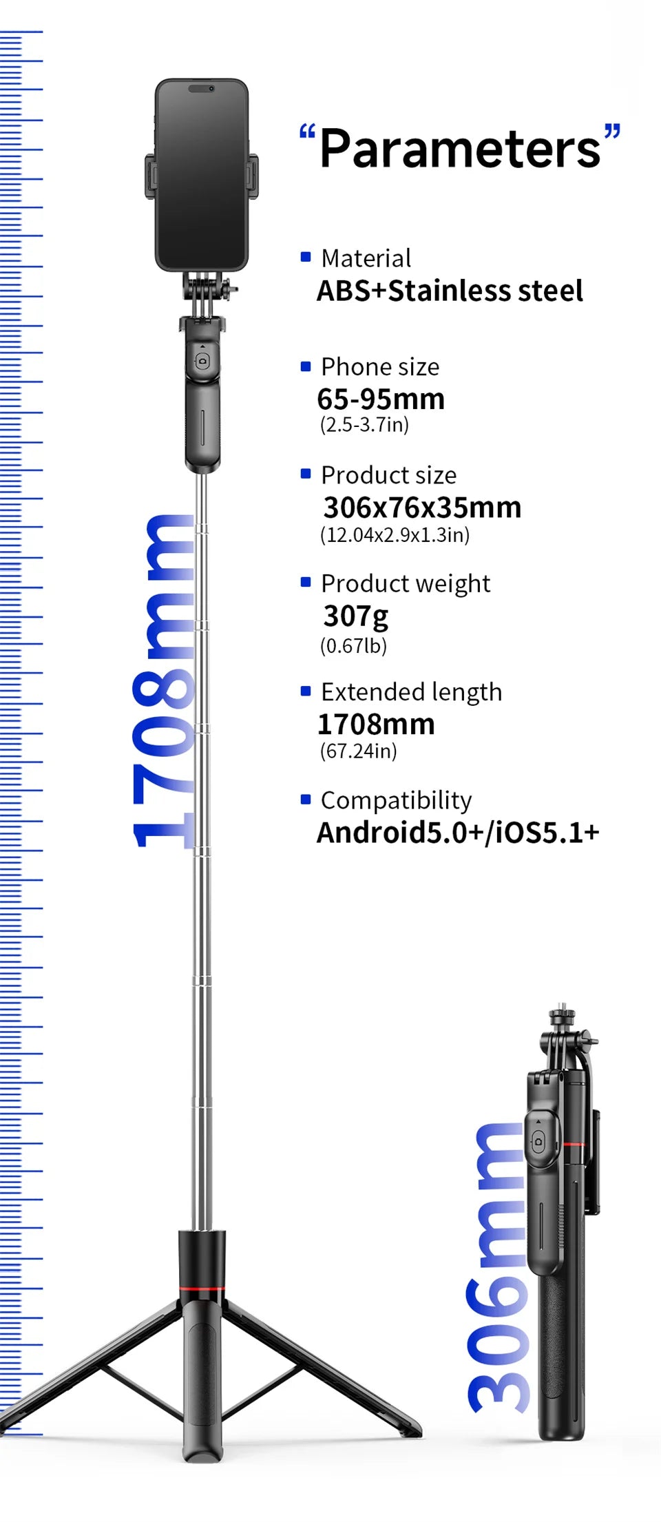 Adjustable Selfie Stick Tripod with Bluetooth Remote and Fill Light