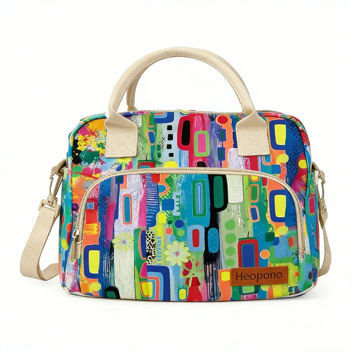 A colorful insulated picnic lunch bag featuring abstract patterns and light beige straps.