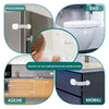 Diagram showing child safety cabinet locks for kitchen, bathroom, and furniture drawers.