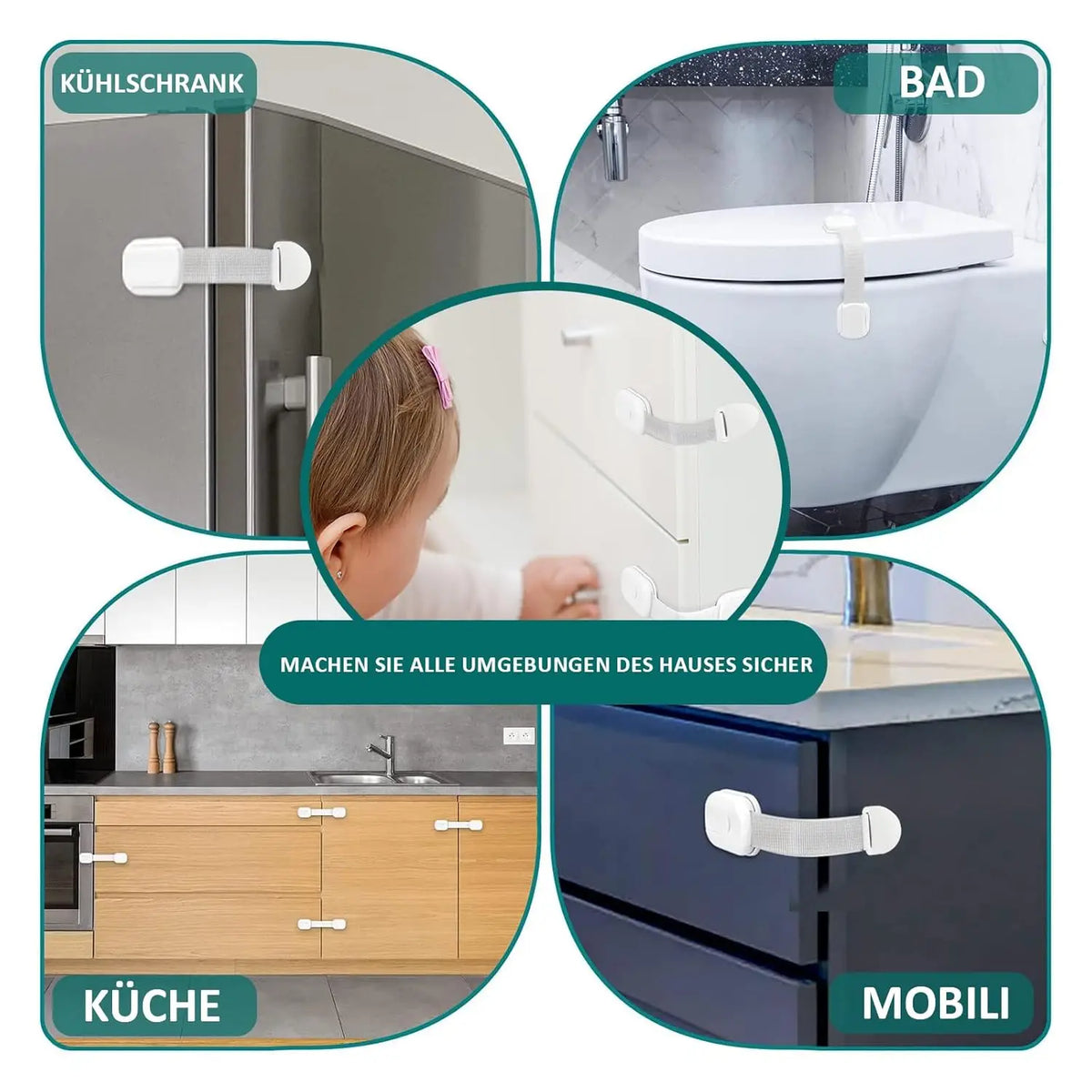 Diagram showing child safety cabinet locks for kitchen, bathroom, and furniture drawers.