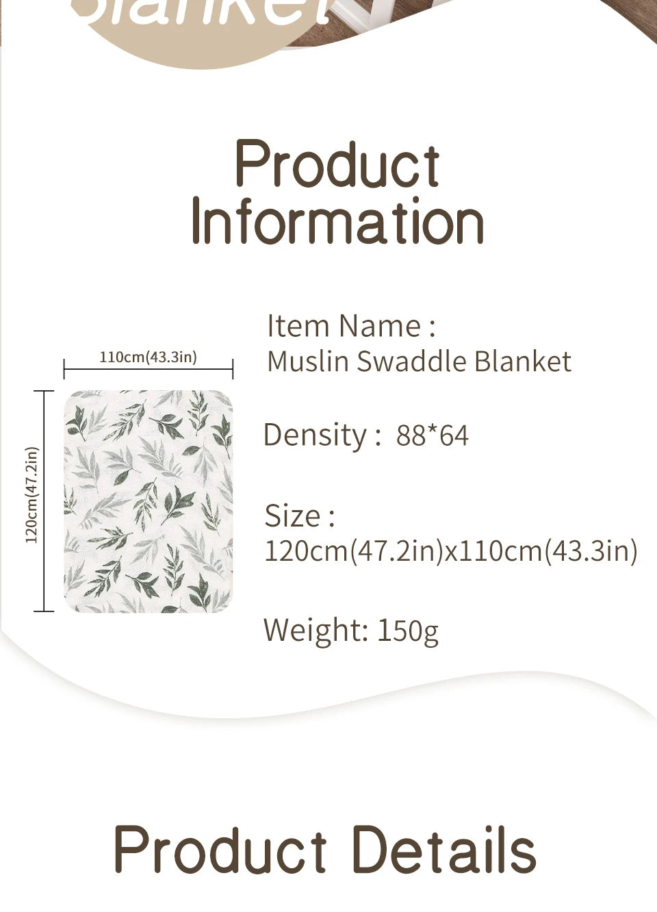 A flat lay of a white muslin swaddle blanket featuring a green botanical print, shown with dimensions and weight information.