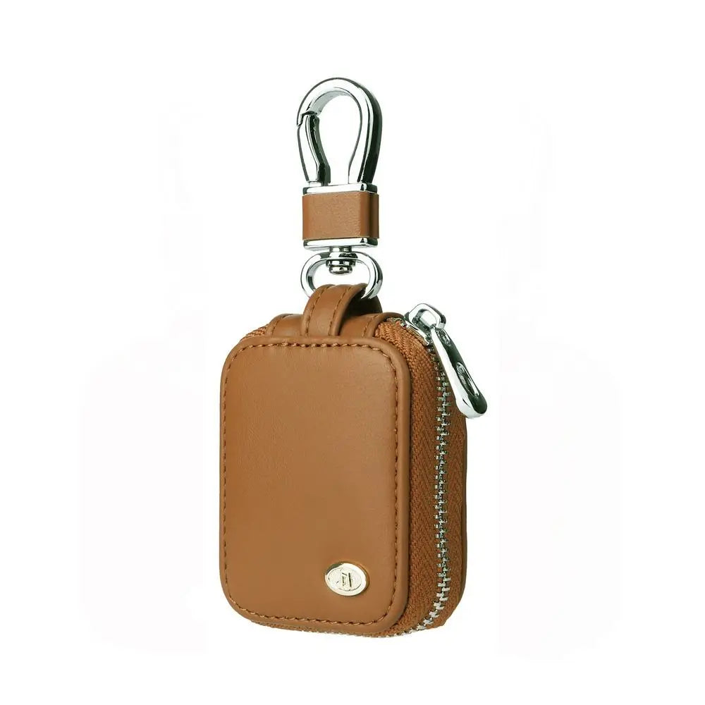 Brown PU leather protective case for earbuds with an anti-lost hook.
