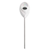 A white soil moisture meter with a metal probe and a digital display.