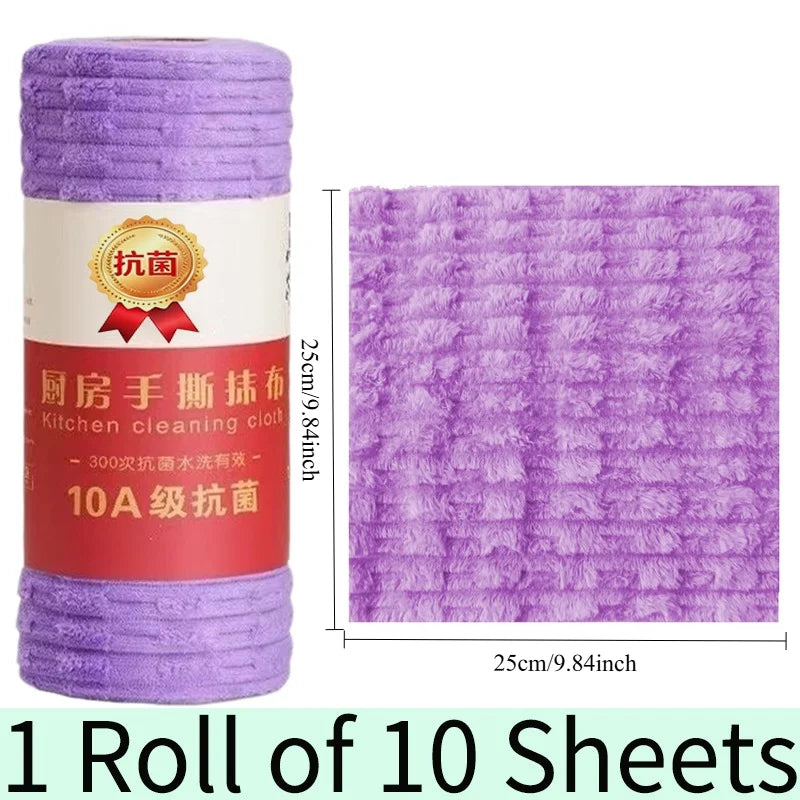 A roll of 10 reusable purple kitchen cleaning cloths with a textured surface.
