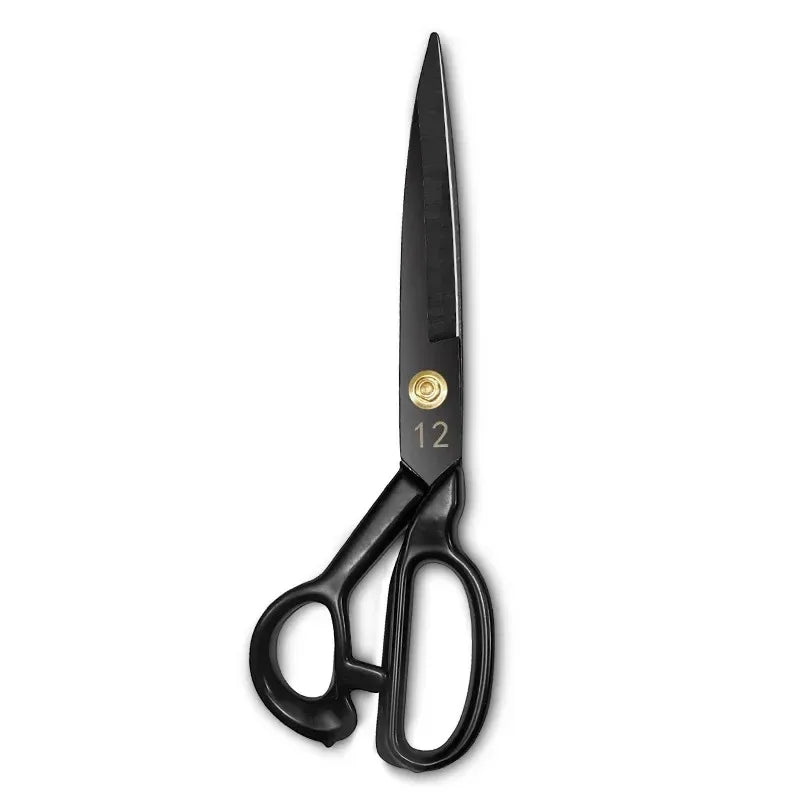 A black professional heavy-duty fabric shears with a silver-colored hinge and numbered blade.