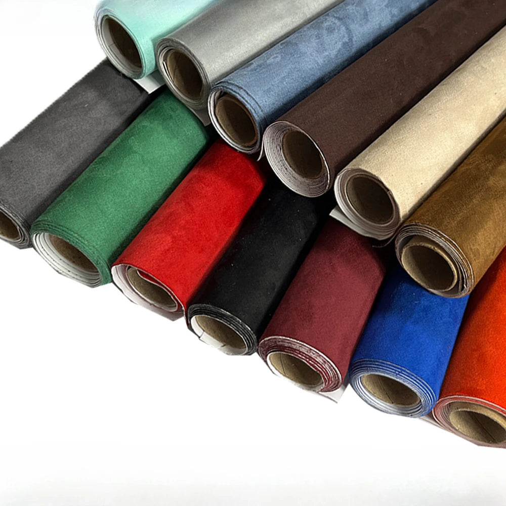 Rolls of self-adhesive suede fabric in various colors like green, red, brown, and blue for DIY projects