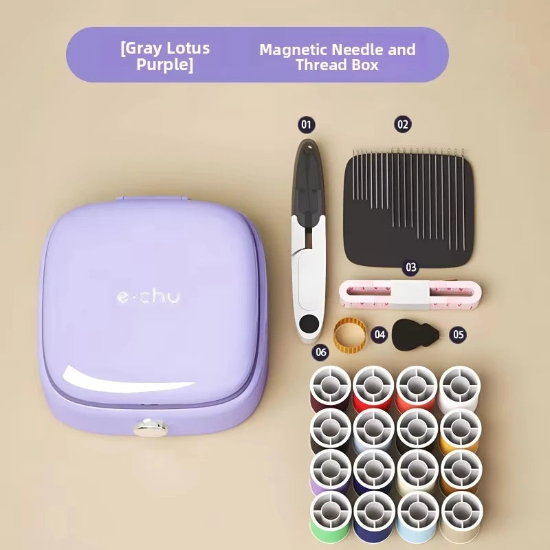 A purple compact magnetic sewing kit with a needle and thread box, showing various needles and colored threads.