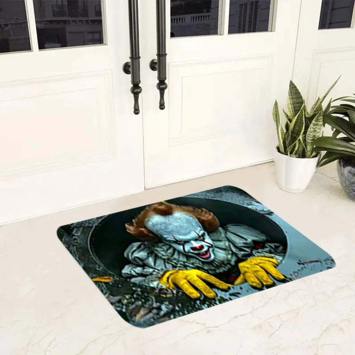 A dark mat featuring an image of the Joker with yellow gloves and a menacing expression.