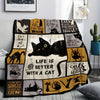 A black and gold patterned flannel throw blanket featuring various cat illustrations for bed or sofa.