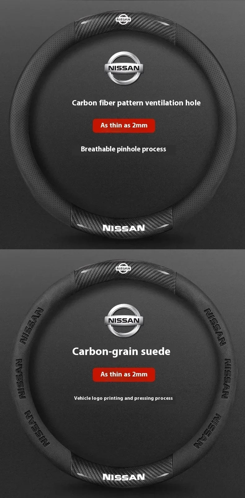 A black carbon fiber steering wheel cover with ventilation holes and a carbon-grain suede finish.