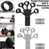 Black finger exerciser with six resistance levels and an adjustable wrist strap