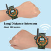 A hand wearing a green camouflage watch is shown communicating with another person via a long distance intercom.