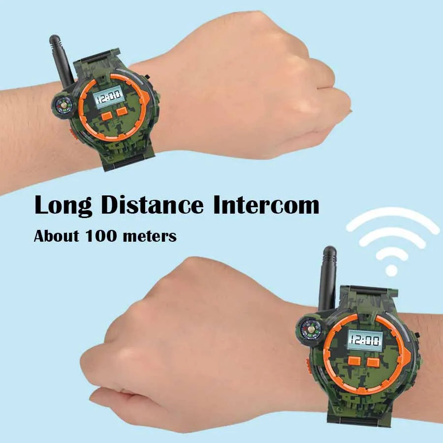 A hand wearing a green camouflage watch is shown communicating with another person via a long distance intercom.