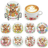 A set of diamond painting coasters featuring various animal designs like a dog, a cat, and a lion, with metal holders.