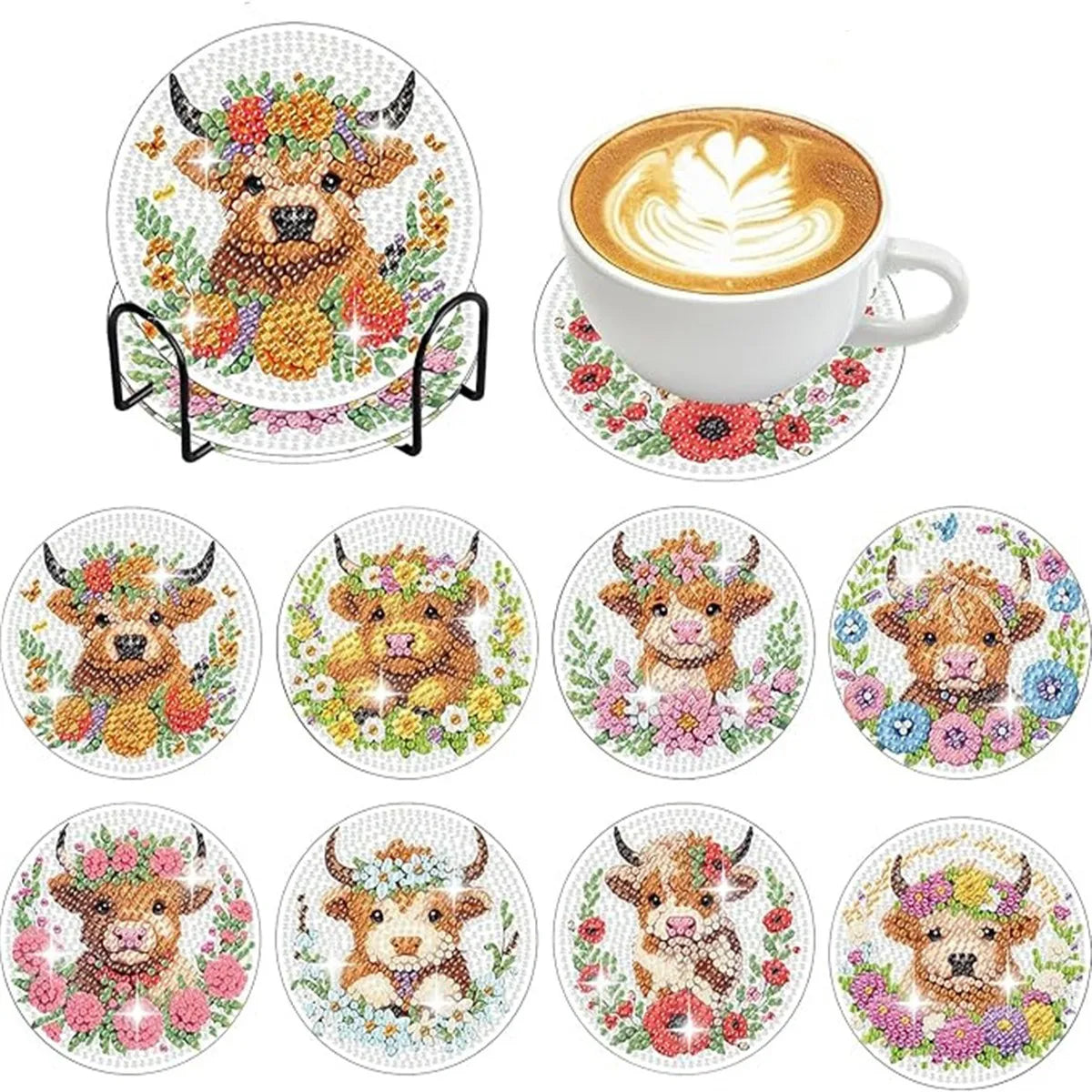 A set of diamond painting coasters featuring various animal designs like a dog, a cat, and a lion, with metal holders.
