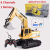A yellow remote controlled excavator toy set with a black chassis and tracks, shown next to its packaging.