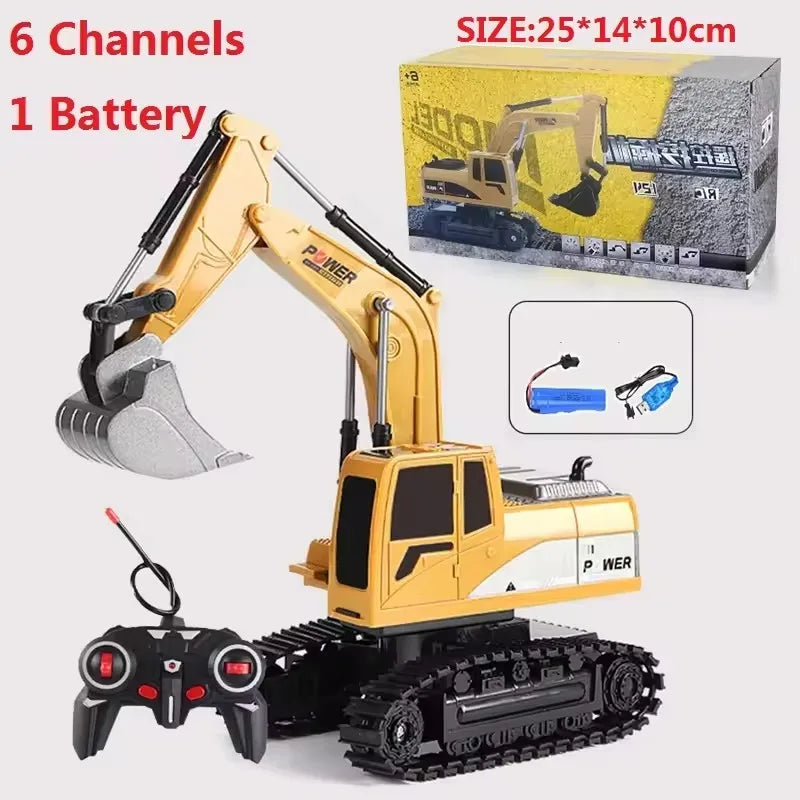 A yellow remote controlled excavator toy set with a black chassis and tracks, shown next to its packaging.