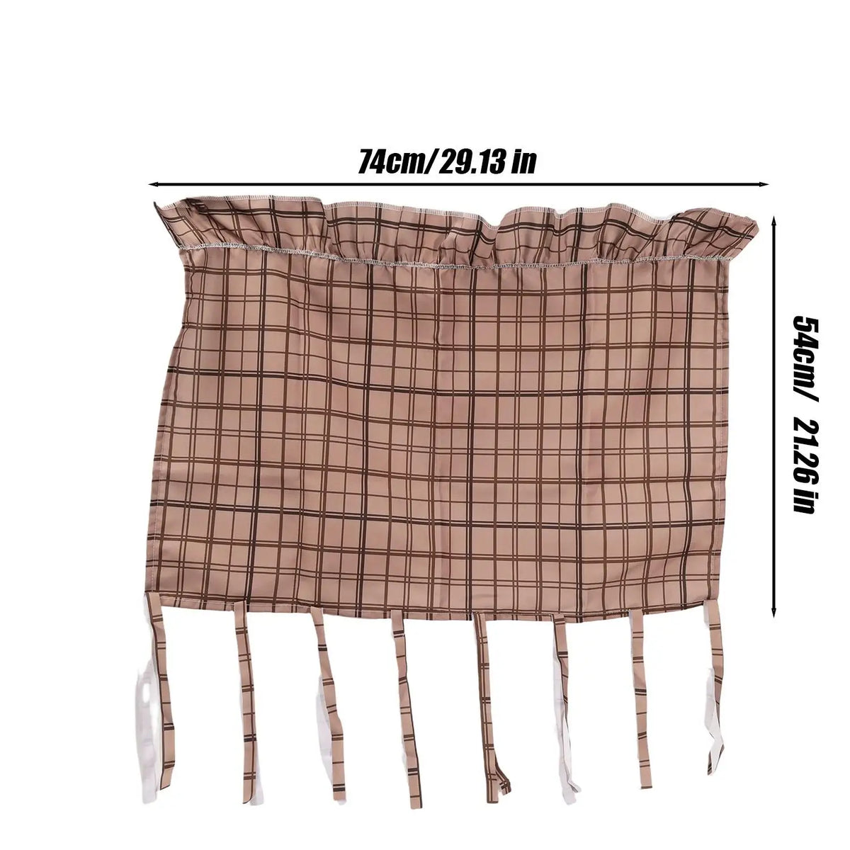 A beige plaid oven skirt with a ruffled trim displayed flat.