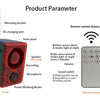 Diagram showing the components of a solar-powered motion sensor alarm system including the main unit, mounting bracket, DC ch