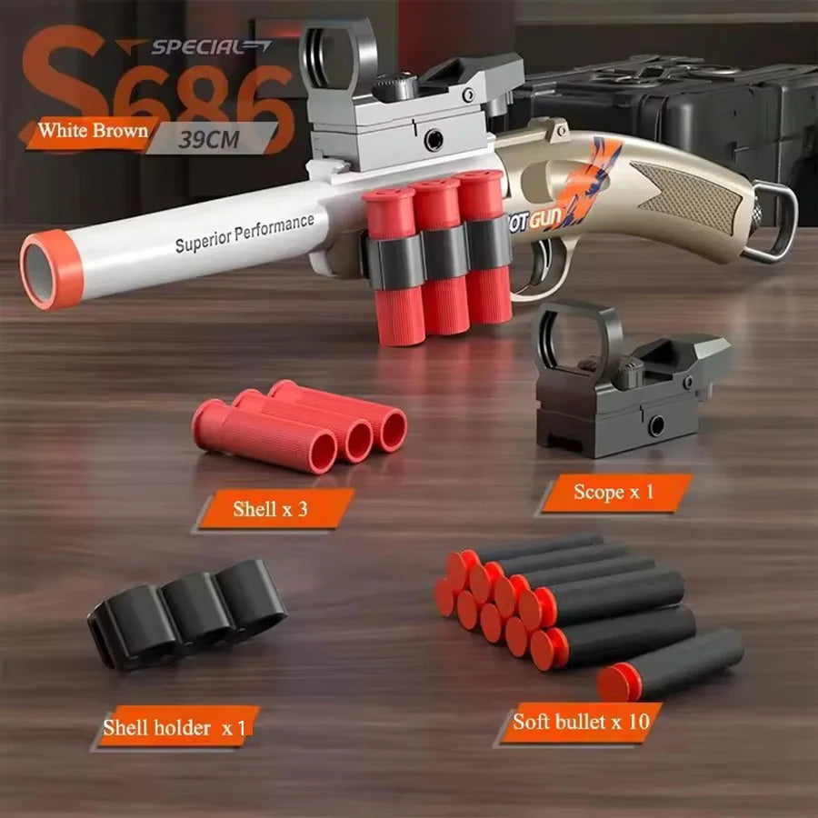 A white brown Mini S686 rifle toy gun is shown with various components including shells, a scope, and soft bullets.