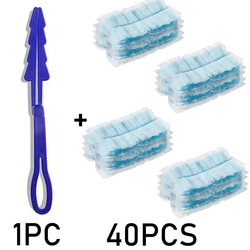 A set of 40 electrostatic dusting refills with blue fiber heads and a purple applicator tool.