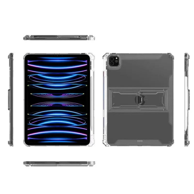 A clear protective iPad case with a shockproof design shown in various forms.