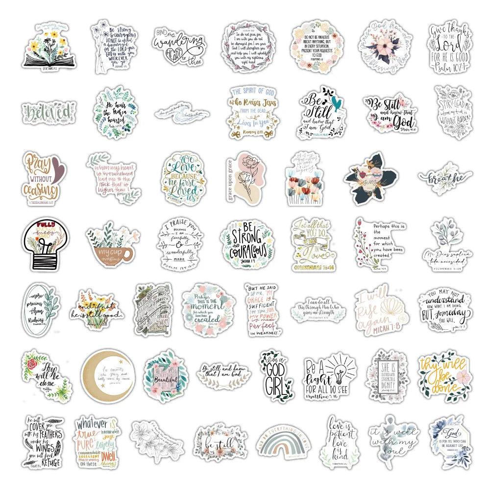 A collection of 100 inspirational Bible verse stickers featuring various designs and typography.