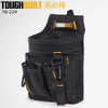 Black ToughBuilt tool pouch with belt clip and kickstand features a yellow logo patch.